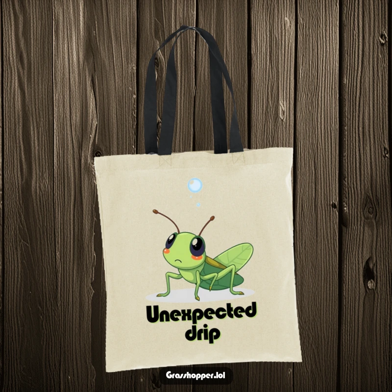 Funny kawaii grasshopper tote bag showing a grasshopper surprised by a dewdrop, a cute and humorous accessory.